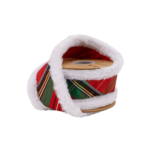 2.5"X10YDS CHRISTMAS PLAID W/ FUR TRIM WIRED RIBBON