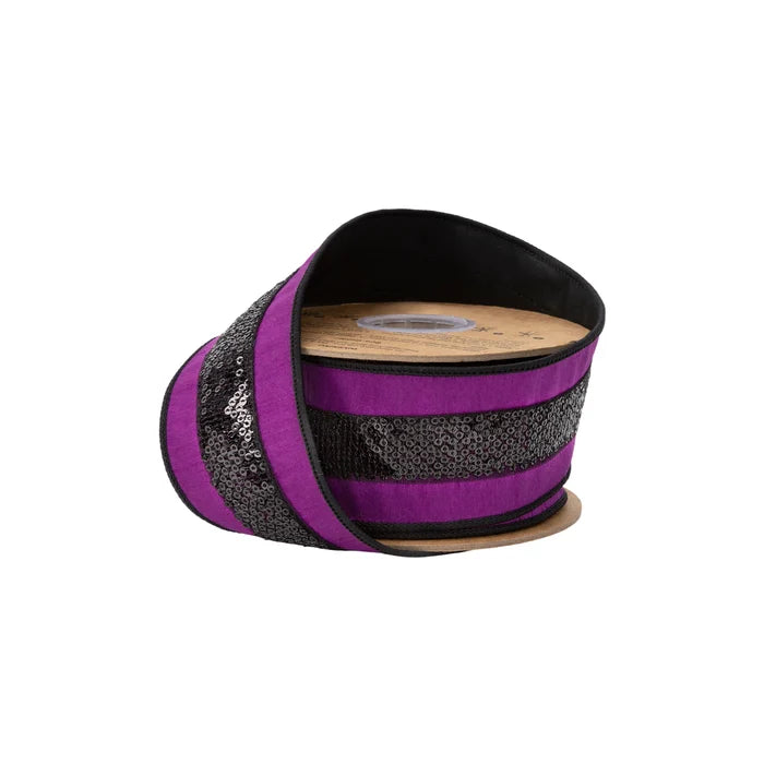 2.5" X 10 yrds Wired Dupioni Ribbon Purple w/ Black Sequin Trim Wired Ribbon