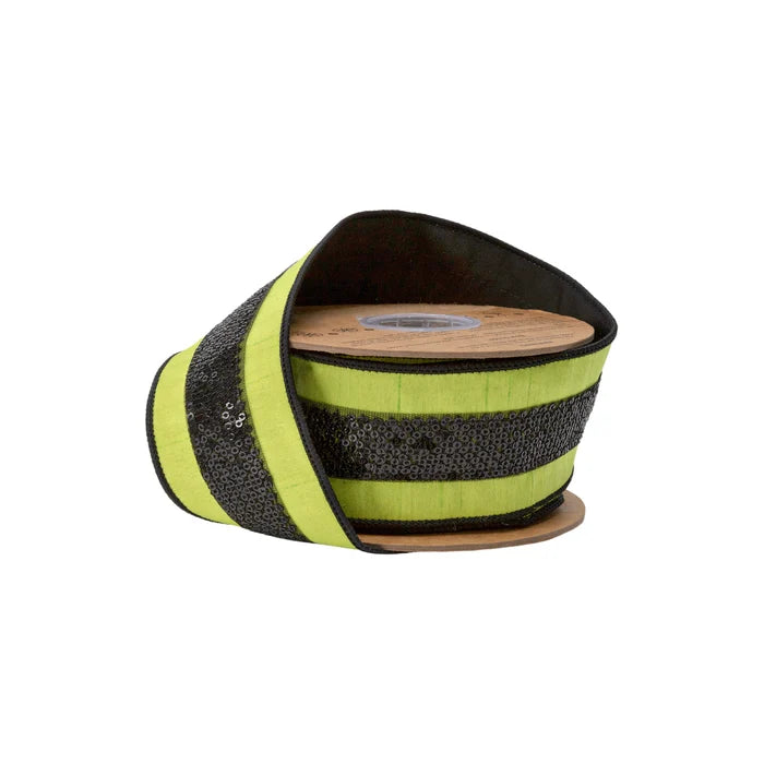2.5" X 10 yrds Wired Dupioni Ribbon Lime Green w/ Black Sequin Trim Wired Ribbon