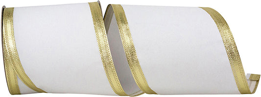 6" X 20 YARDS VELVET DYNASTY RIBBON WHITE/GOLD Wired Ribbon - Burlap and Bling Decor