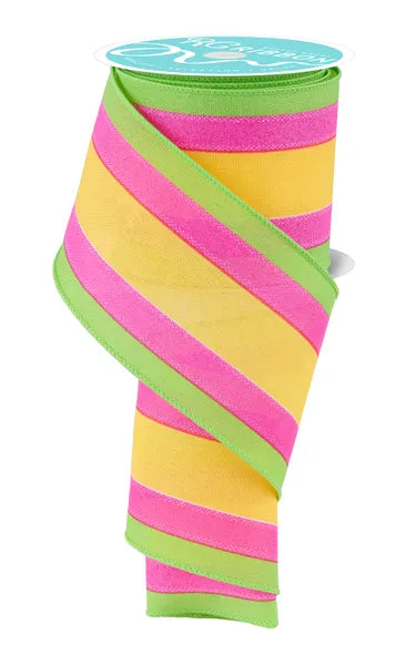 3.25"X10YD FAUX 3-IN-1 VERTICAL STRIPE YELLOW/HOT PINK/LIME - Burlap and Bling Decor
