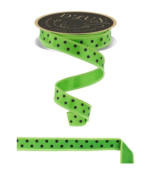 7/8"X10YD SMALL POLKA DOT/FUSED FRESH GREEN/BLACK WIRED RIBBON