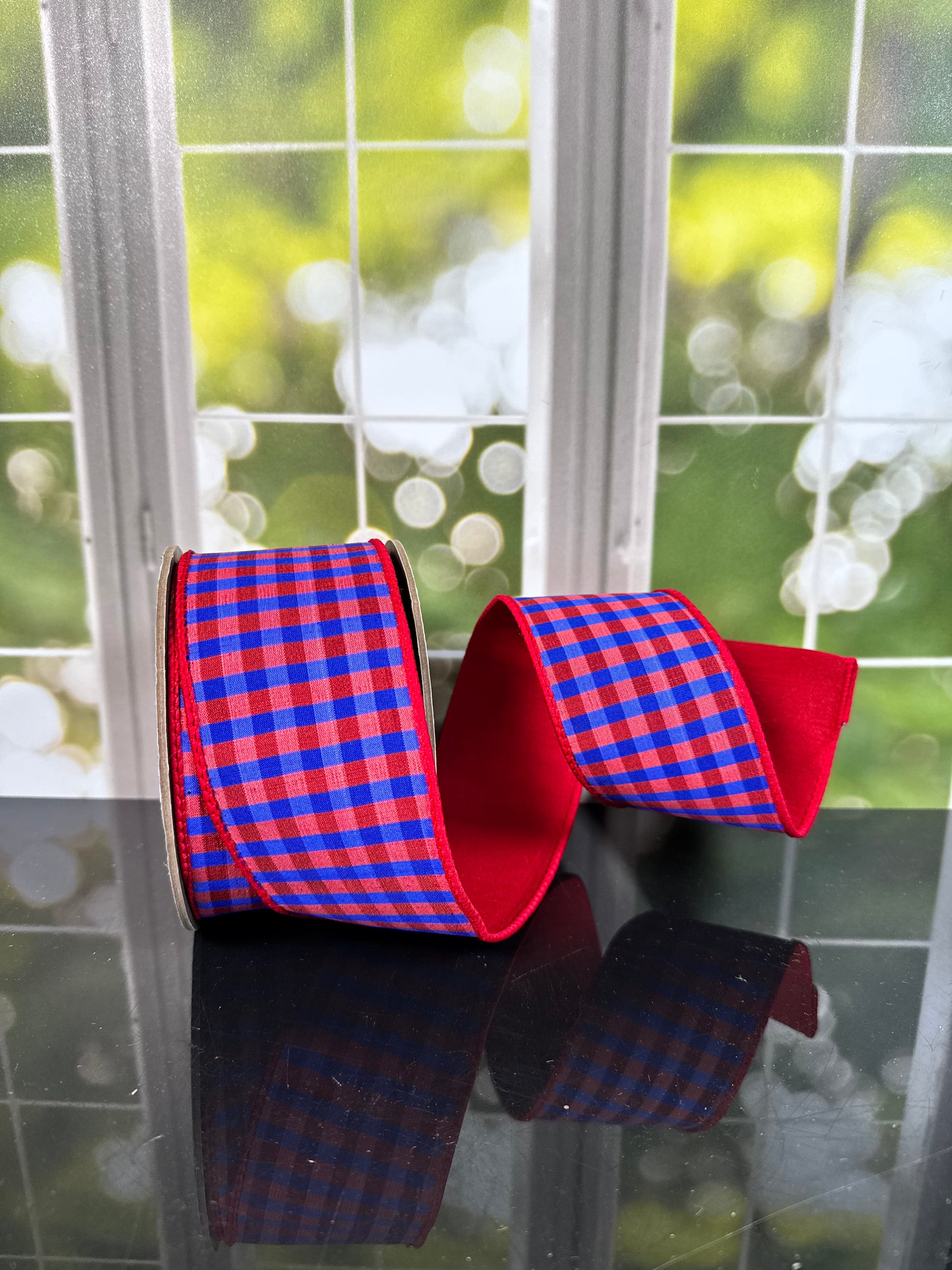 2.5 X 10 yrds Red,Blue Check Wired Ribbon - Burlap and Bling Decor