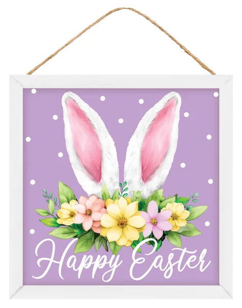 12"SQ HAPPY EASTER W/BUNNY EARS SIGN - Burlap and Bling Decor
