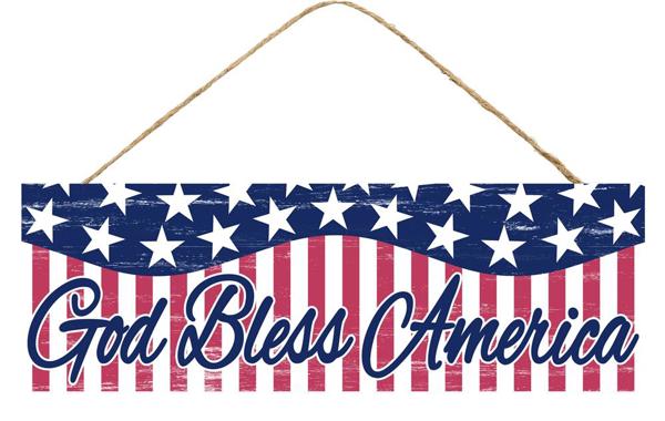 15"L X 5"H GOD BLESS AMERICA SIGN RED/WHITE/BLUE - Burlap and Bling Decor