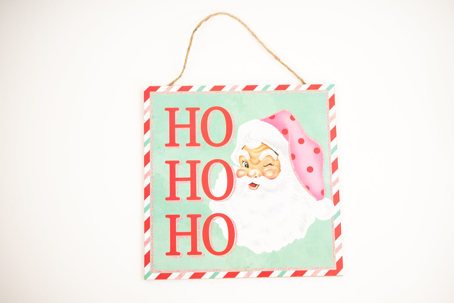 10"SQ HO HO HO RETRO SANTA SIGN Color: BRIGHT RED/MINT/PNK/WHITE - Burlap and Bling Decor