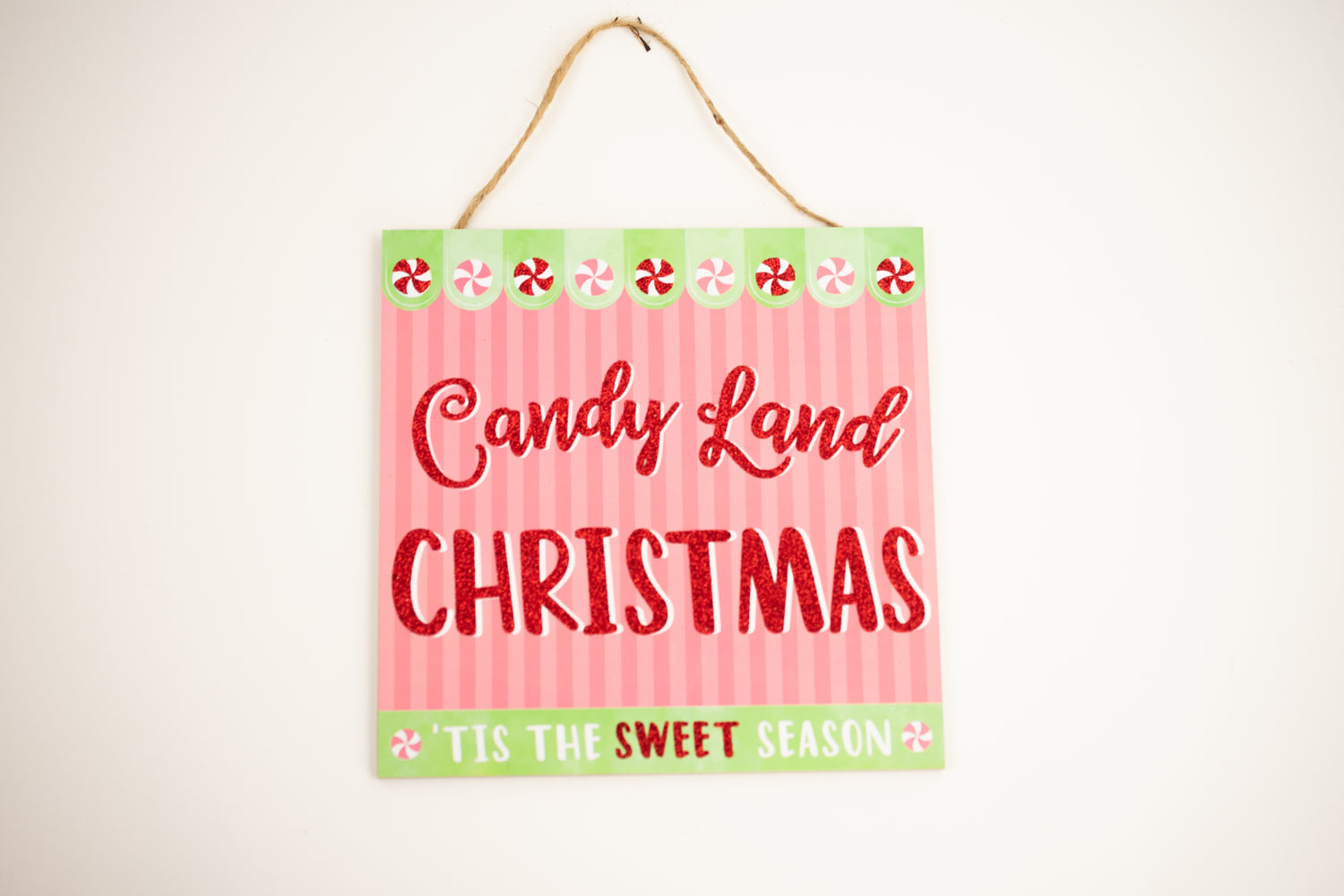 10"SQ CANDY LAND CHRISTMAS SIGN Color: PINK/MINT/RED - Burlap and Bling Decor