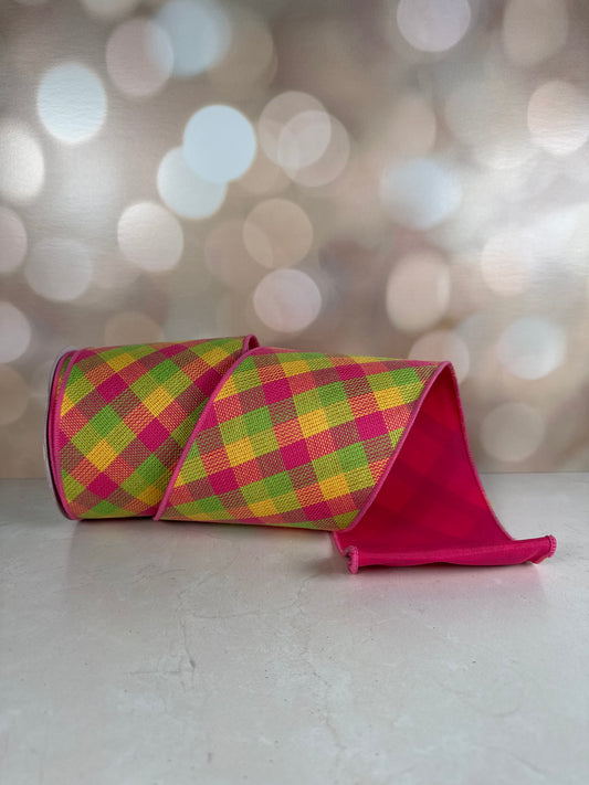 4"X10YD DIAG WOVEN CHECK/PG FUSED HOT PINK/LIME/YELLOW