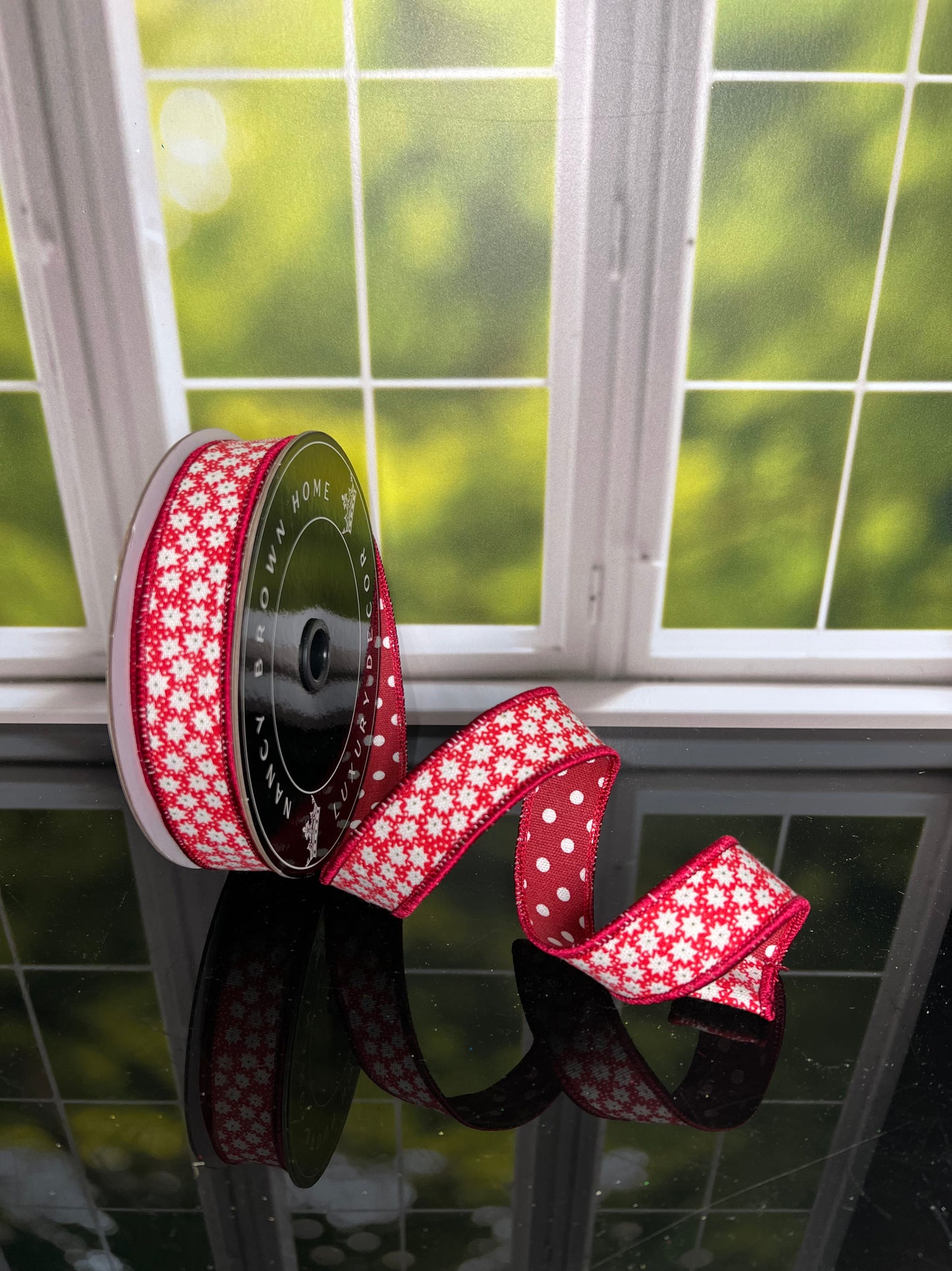 Red Starburst Polka Dots 1"x 10Y Double Sided Wired Ribbon - Burlap and Bling Decor