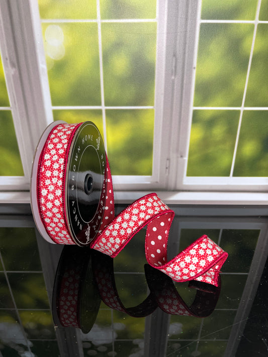 Red Starburst Polka Dots 1"x 10Y Double Sided Wired Ribbon - Burlap and Bling Decor