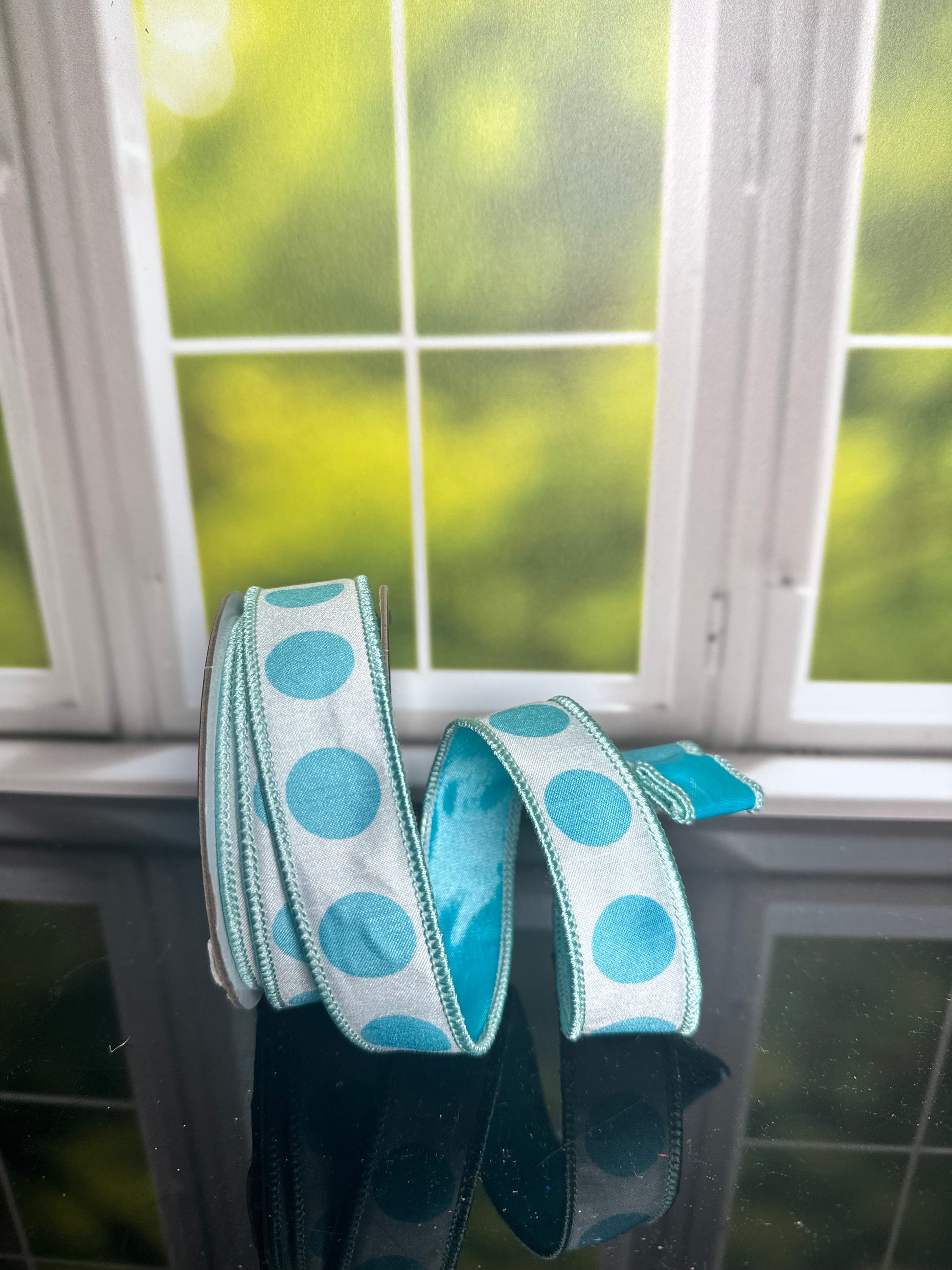 Aqua Dots 1"x 10Y Double Sided Wired Ribbon - Burlap and Bling Decor