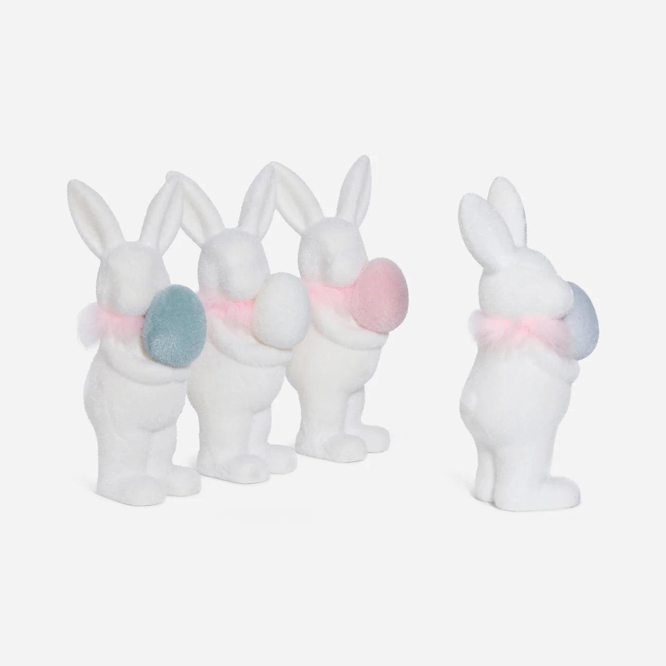 FLOCKED WHITE BUNNY W/EGG, 16" CHOOSE ONE GREEN, BLUE, WHITE OR PINK - Burlap and Bling Decor