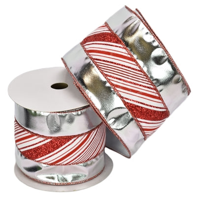 Silver Lame Centered w/White & Red Glitter Candy Stripes Ribbon 4" x 10yd - Burlap and Bling Decor