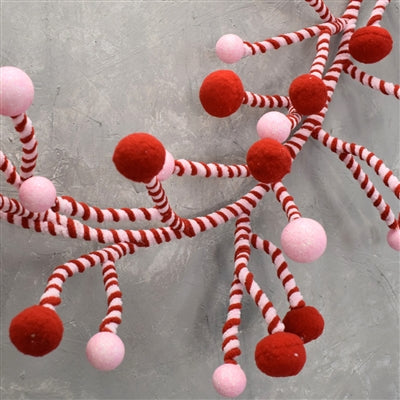 Chenille Stripe Manzanita Mixed Ball Garland 48” - Red/Pink