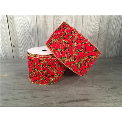 4"X10YD Printed Leaf Vine on Velvet Ribbon - Red/Green/Gold