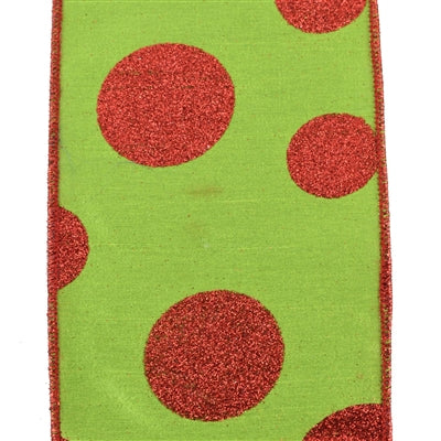 Apple Green Faux Dupioni Ribbon w/ Red Glitter Dots 4" x 10yd - Burlap and Bling Decor