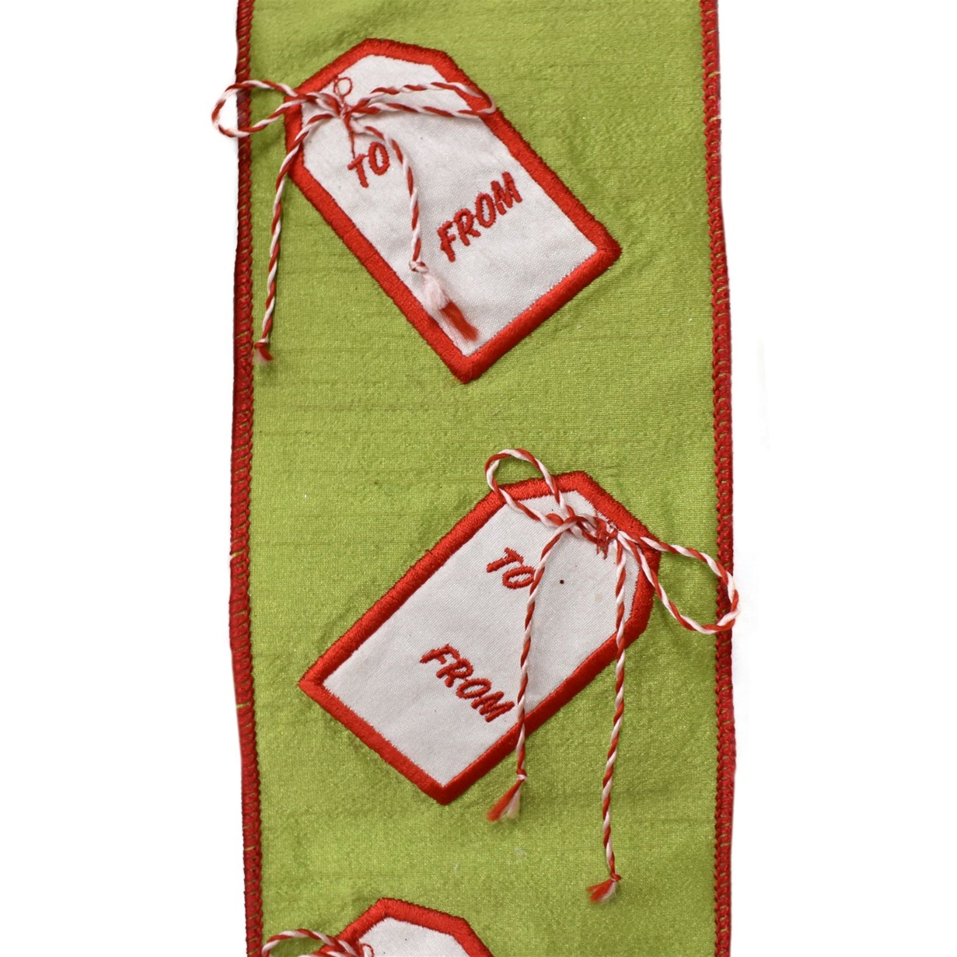 4" x 10yd Green Faux Dupioni Ribbon w/ Red and White Christmas Tags - Burlap and Bling Decor