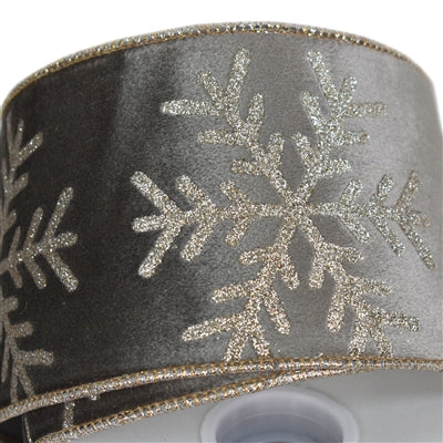 Platinum Velvet Ribbon w/ Glitter Platinum Snowflake 4" x 10yd