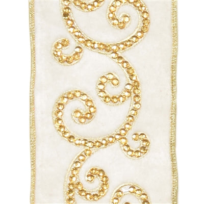 Jeweled Scroll Design on Soft Cream Velvet Ribbon 4”X 5YD