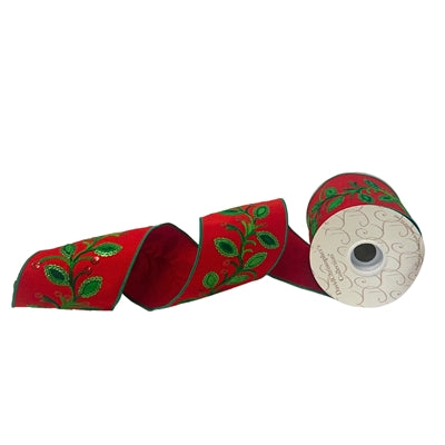 4"X10YD Green leaf chain and sequence embroidery on red dupioni with red dupioni back and green edge