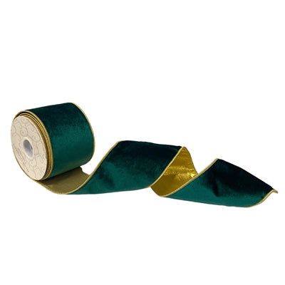 4"X10YD dark green velvet ribbon with gold lame back and gold edge