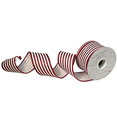 2.5"X10YD White Faux Linen W/ Red Glitter Stripe Ribbon - Burlap and Bling Decor