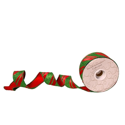 Red Velvet w/Green Glitter Diagonal Stripe 2.5"X10YD