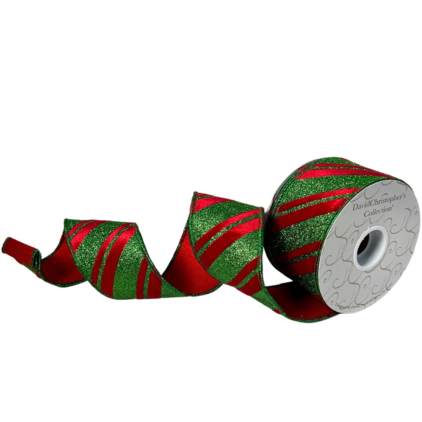 Red Velvet w/Dark Green Glitter Diagonal Stripe 2.5"X10YD