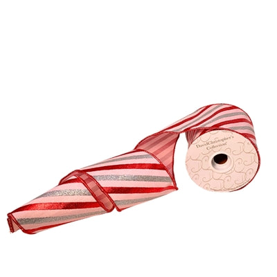 Pink/Red/Silver Faux Dupioni Stripe Ribbon 4"X10YD - Burlap and Bling Decor