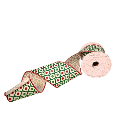 White Faux Dupioni Red/Green Dot Ribbon 4"X10YD - Burlap and Bling Decor