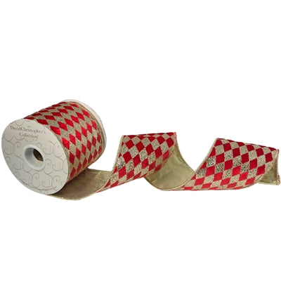 4"X10YD Red Velvet with Gold Glitter Diamond Pattern Ribbon