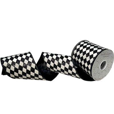 4"X10YD White Velvet with Black Glitter Diamond Pattern Ribbon