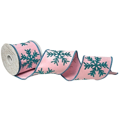 Pink Faux Dupioni w/ Turquoise Snowflake Ribbon 4"X10YD - Burlap and Bling Decor