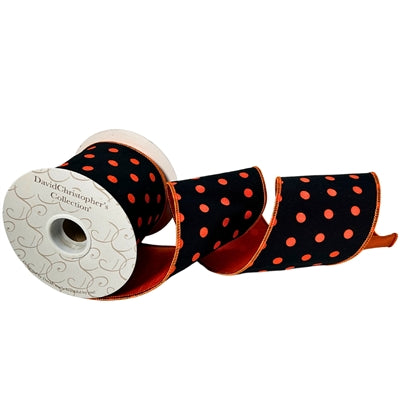 4"X10YD Black Faux Dupioni Orange Dot Ribbon