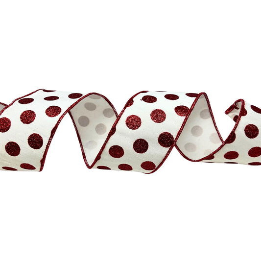 2.5'' X10 yds White Ribbon with Red Glitter Dots - Burlap and Bling Decor
