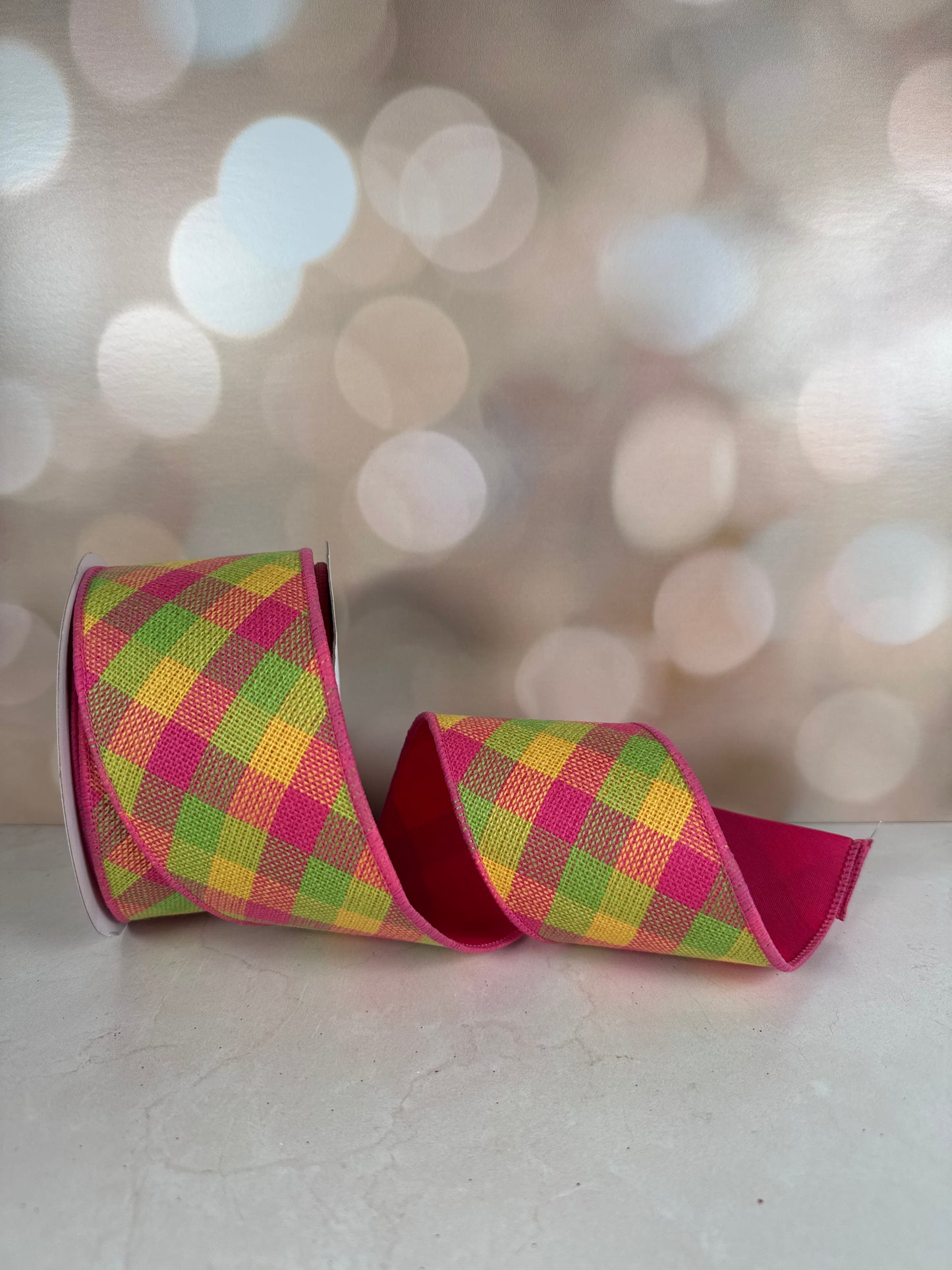 2.5"X10YD DIAG WOVEN CHECK/PG FUSED HOT PINK/LIME/YELLOW