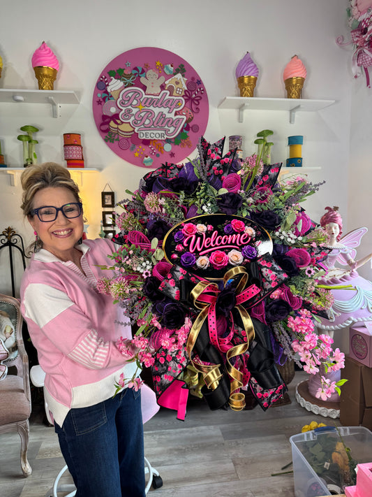 Hot Pink Purple and Black Floral Welcome Wreath - Burlap and Bling Decor