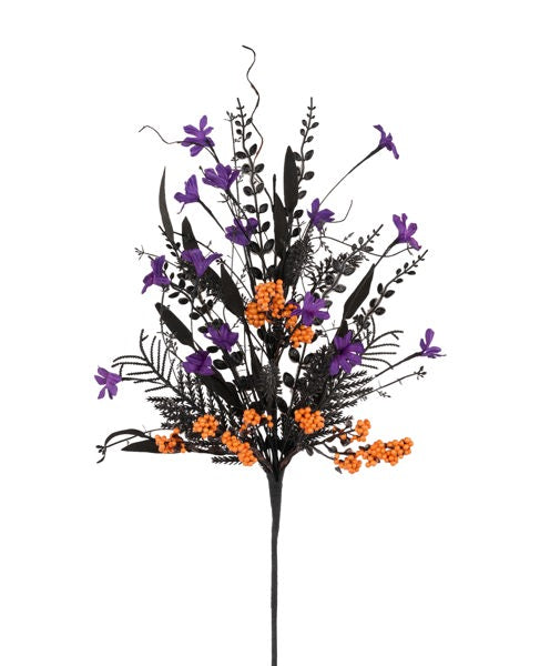 24"L FABRIC FLOWER/EVA LEAF/BEADS SPRAY PURPLE/ORANGE/BLACK - Burlap and Bling Decor