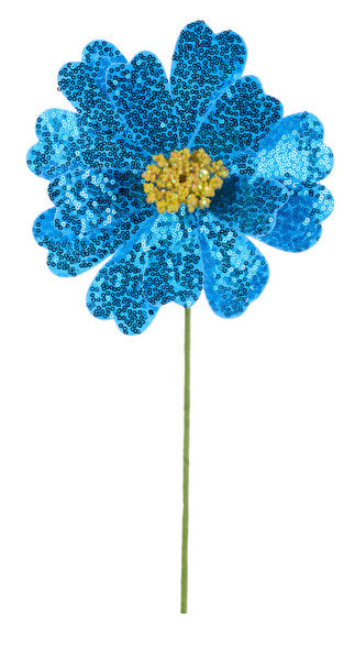 8"DIA SEQUIN FLOWER STEM, 18"OAL BLUE