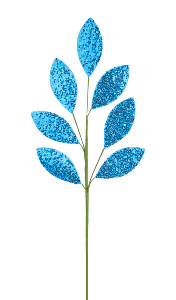 27"L SEQUIN LEAF SPRAY BLUE