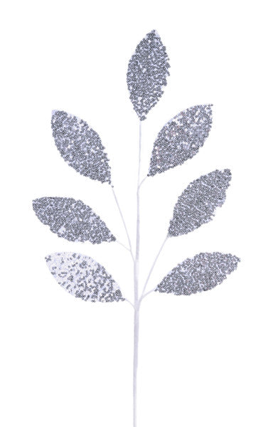 27"L SEQUIN LEAF SPRAY WHITE W/SILVER