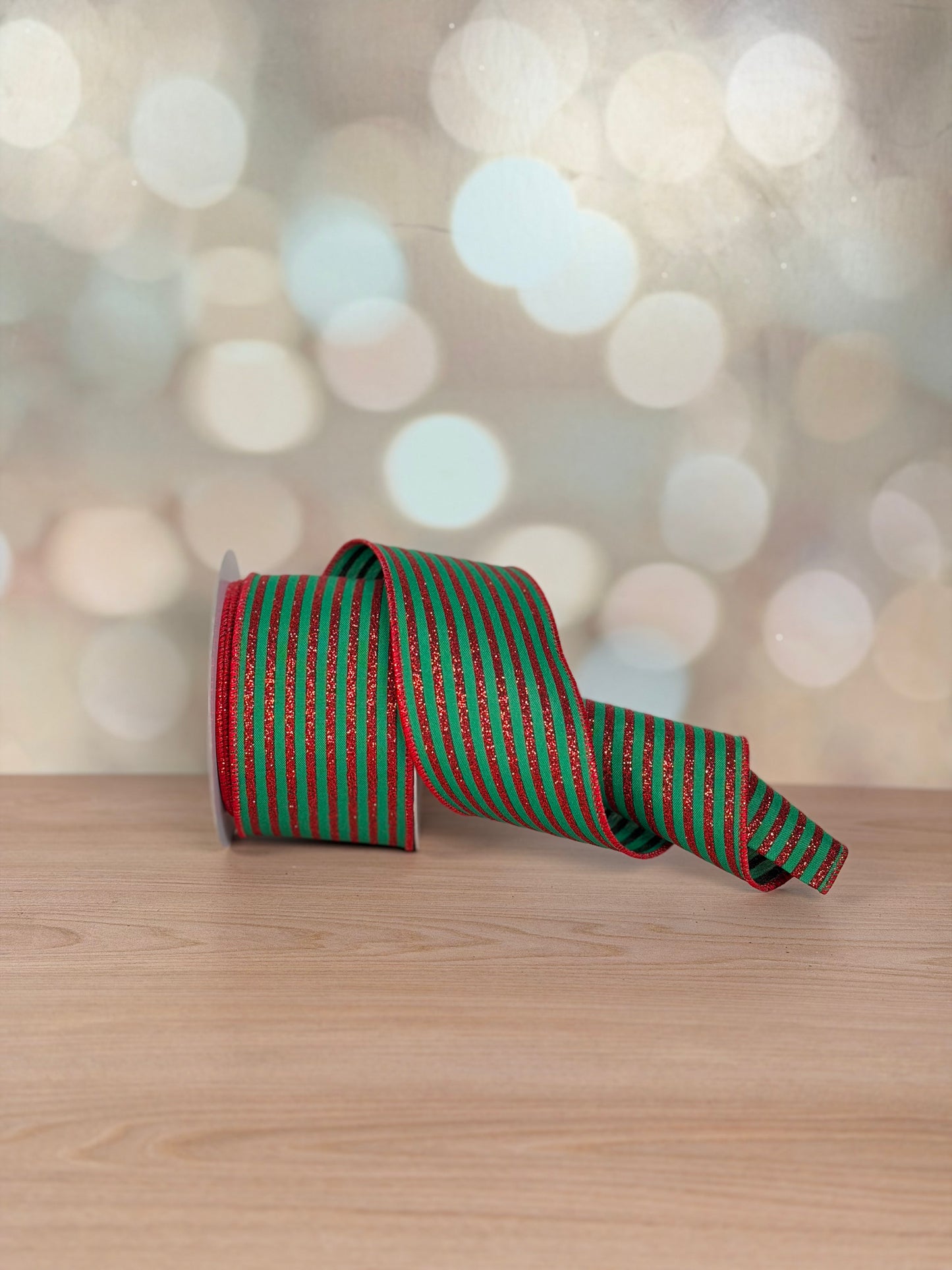 2.5"X10YD GLITTER VERTICAL STRIPE EMERALD GREEN/RED WIRED RIBBON