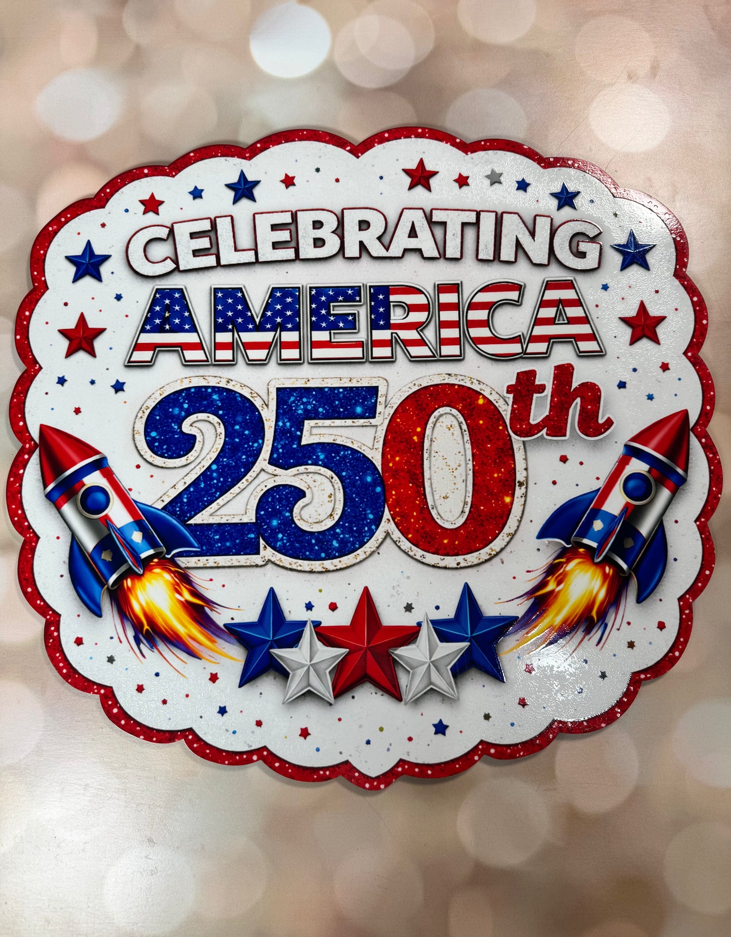 Celebrating America 250th 16" Sign - Burlap and Bling Decor