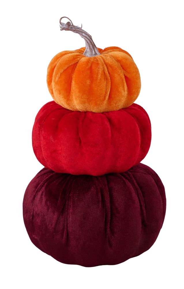 11.5"H VELVET PUMPKIN TOWER X3 BURGUNDY/DK RED/ORANGE SPRAY - Burlap and Bling Decor