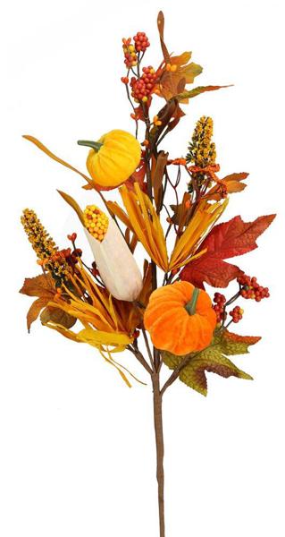 28"L PUMPKIN/CORN/MAPLE LEAF SPRAY ORANGE/YELLOW/MOSS - Burlap and Bling Decor