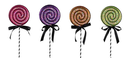 13.75"L GLITTER LOLLIPOP PICK 4 ASST PNK/PRPL/ORG/LME - Burlap and Bling Decor