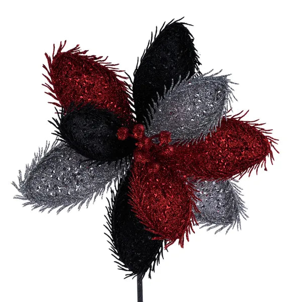 14.5"L GLITTER MAGNOLIA STEM BLACK/RED/SILVER - Burlap and Bling Decor