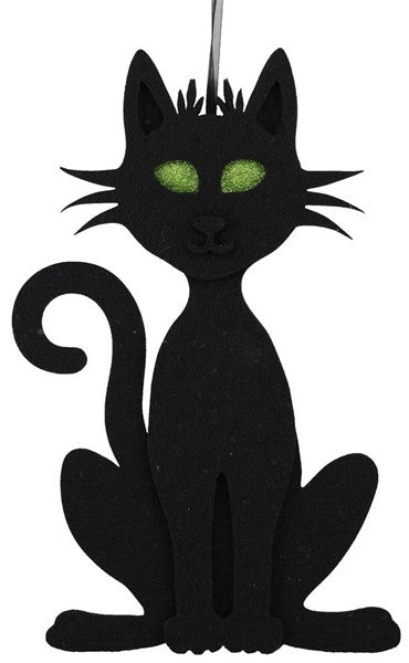 15.75"H FELT/GLITTER FABRIC SITTING CAT BLACK W/LIME GREEN - Burlap and Bling Decor