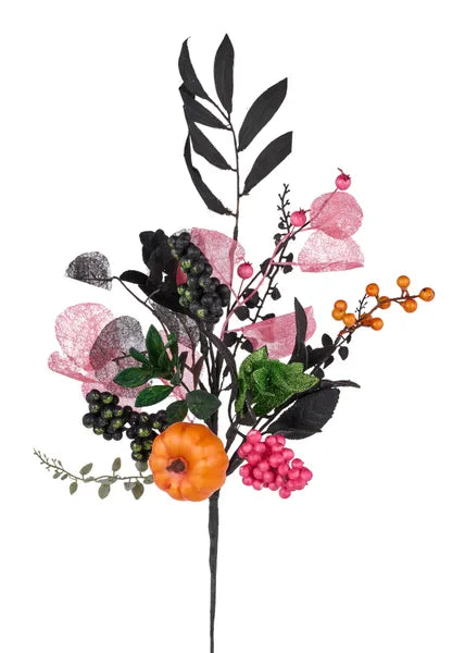 22"L PUMPKIN/LEAF/BEAD SPIKE PICK ORG/BLK/HOT PINK/LIME - Burlap and Bling Decor
