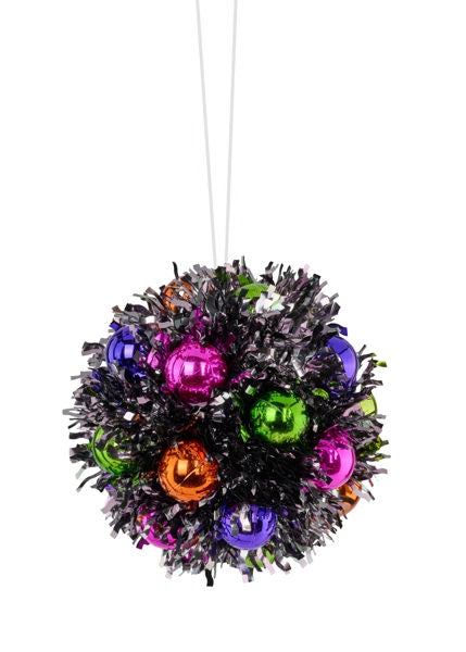 4.5"DIA TINSEL BALL ORNAMENT-Blk/Sil/H Pnk/Orn/Lim/Pur - Burlap and Bling Decor